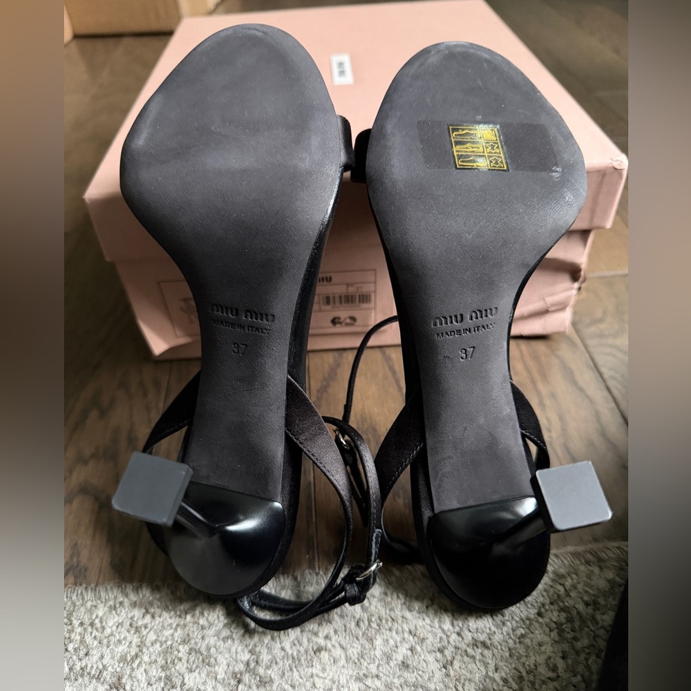 Miu Miu Black Rose Satin Sandals - Picture 9 of 10